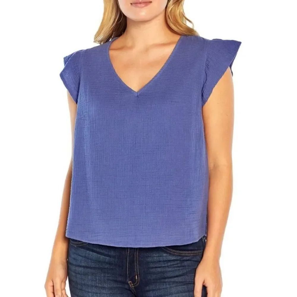 Three Dots Short Sleeve V-Neck Double Layer Cotton
Gauze Shirt Size XL